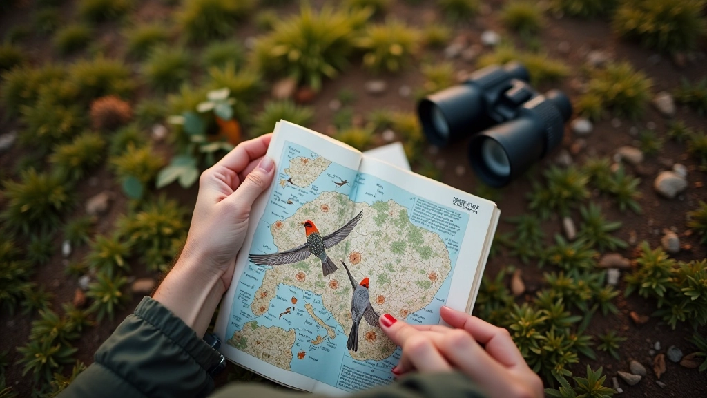 Binoculars and field guide resting on natural ground with leaves and moss in outdoor setting