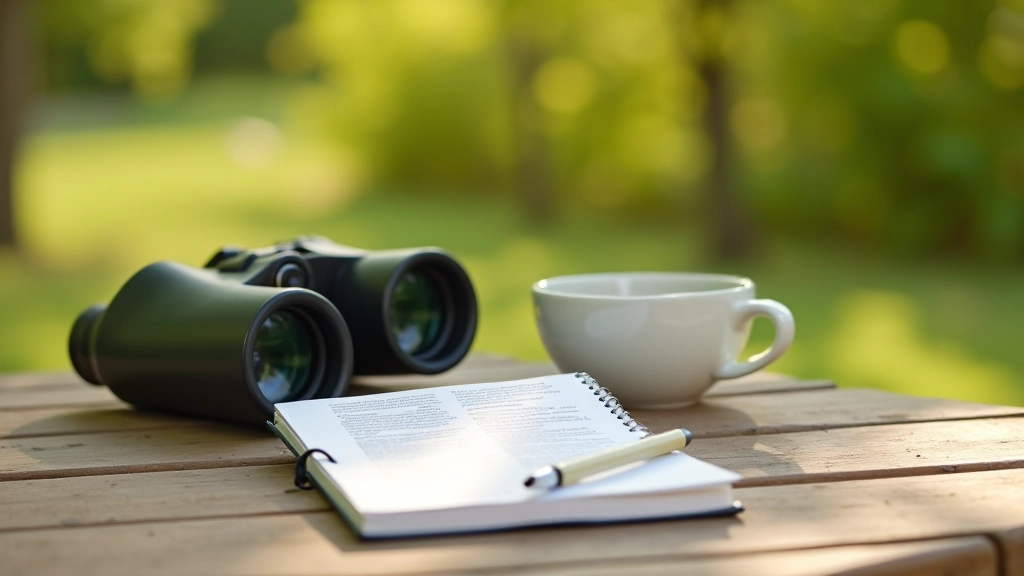 Binoculars, field guide notebook, and camera equipment arranged on outdoor surface