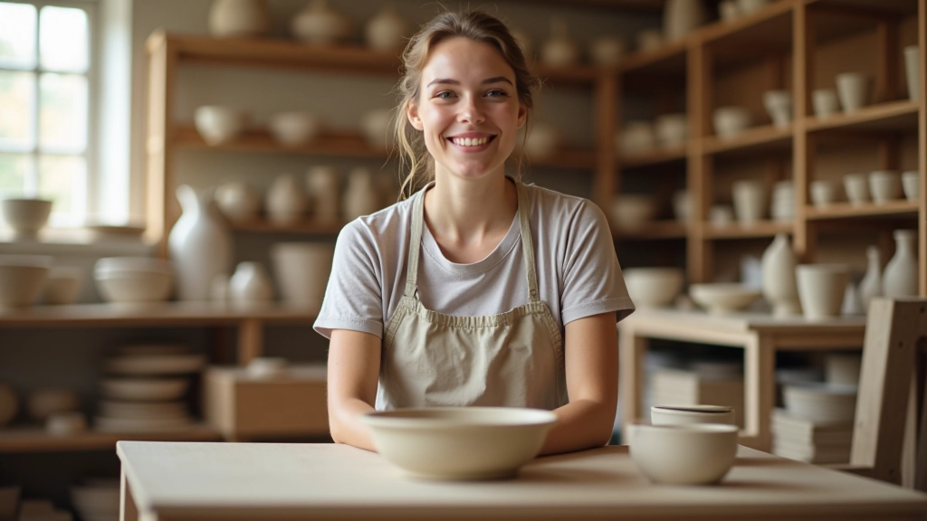 Interior of a bright pottery studio with multiple wheels and shelves of finished work