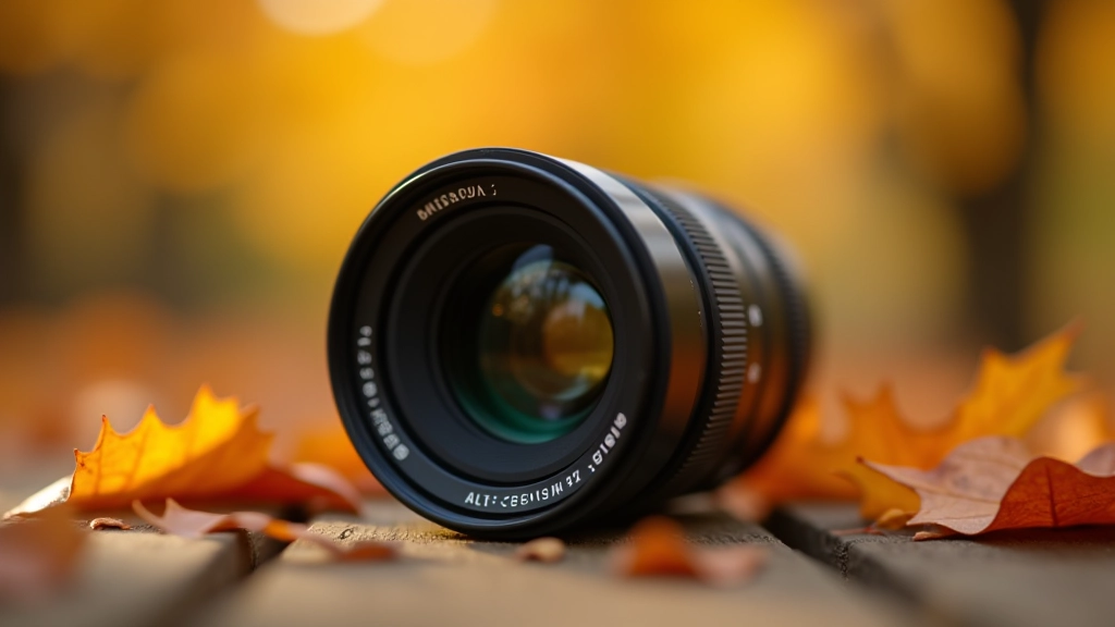 Close-up of a camera lens with autumn foliage in background, showing depth of field technique