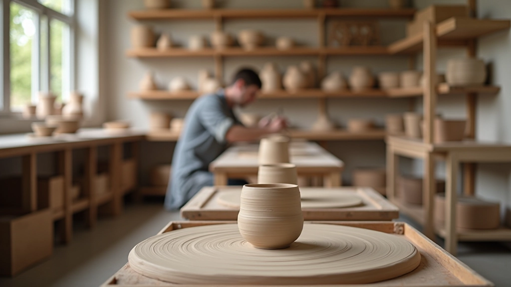 Ceramic workshop interior with clay work stations, pottery wheels, and finished pieces on shelves