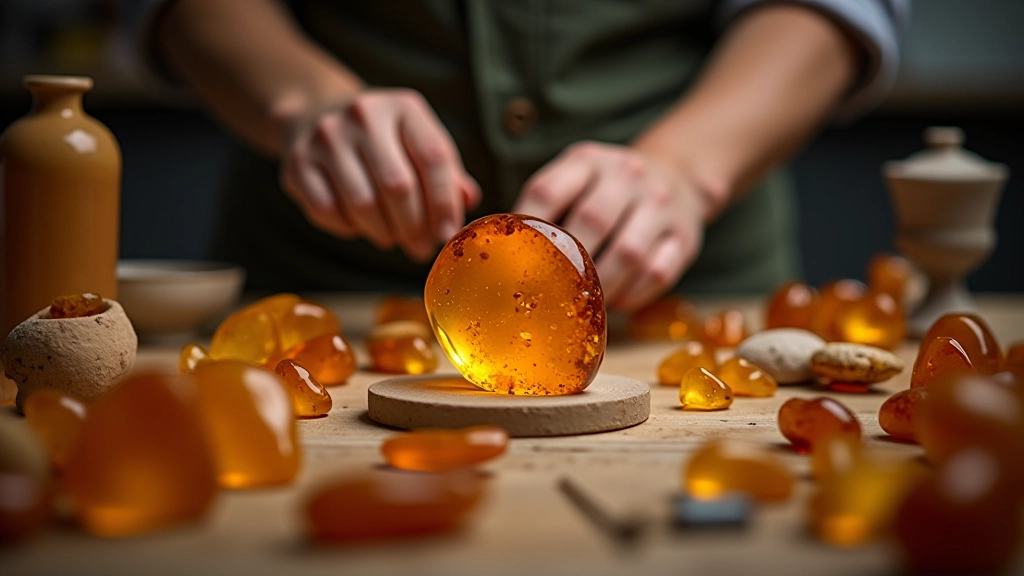 Close-up of amber polishing equipment with partially polished amber stones on work surface