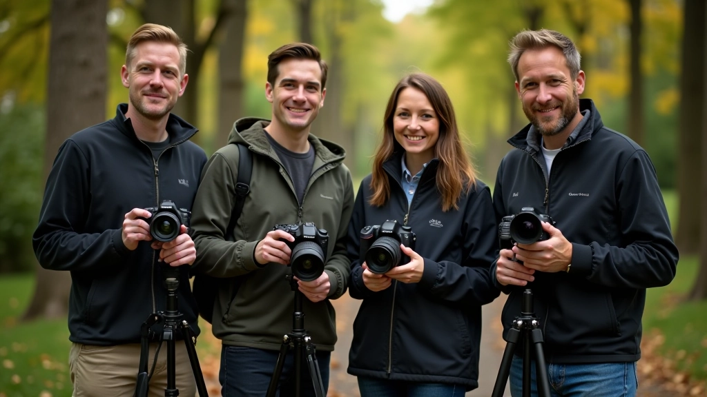 Group of photographers gathering outdoors with various cameras and lenses during a photo walk session