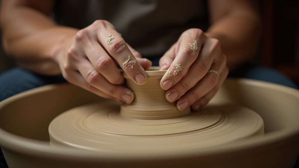 Close-up of hands working with clay on pottery wheel
