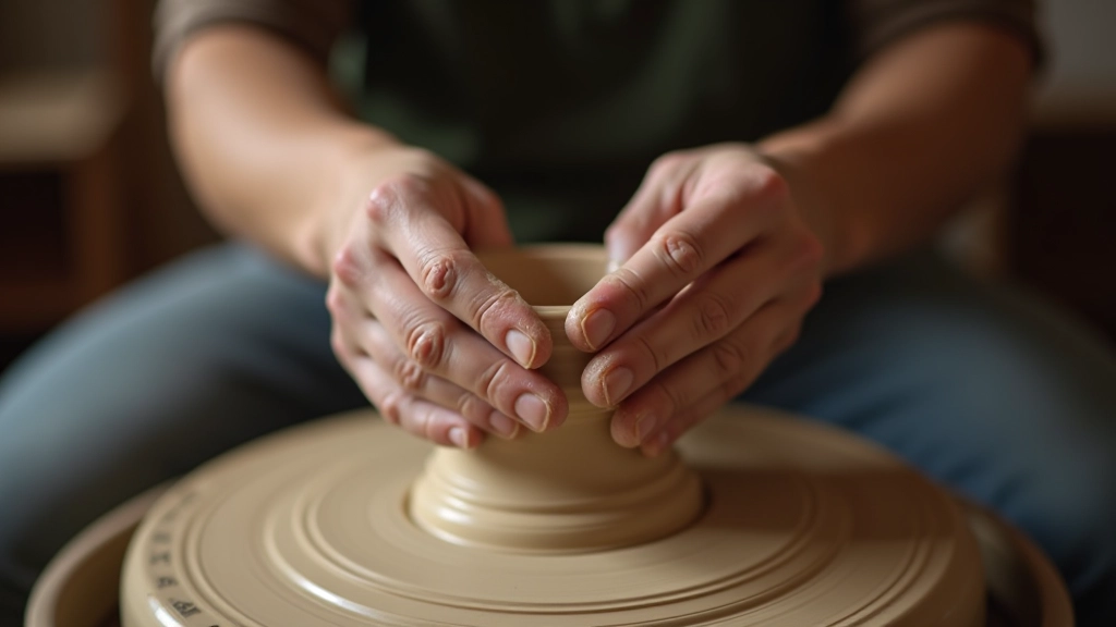 Hands working with clay on pottery wheel