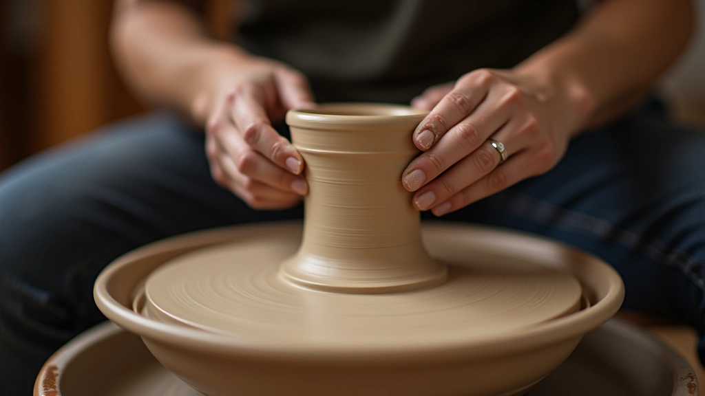 Hands shaping wet clay on pottery wheel with water and clay tools nearby
