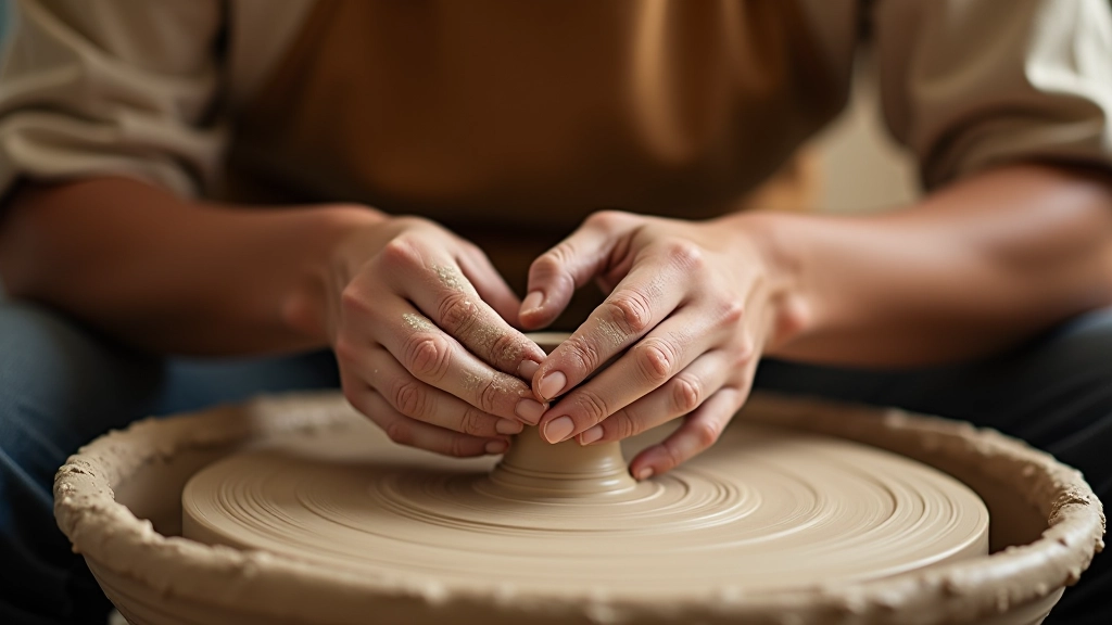 Person working on pottery wheel in bright studio setting