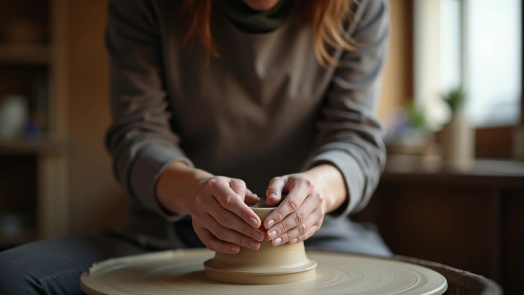 Potter centering clay on a spinning pottery wheel with focused concentration