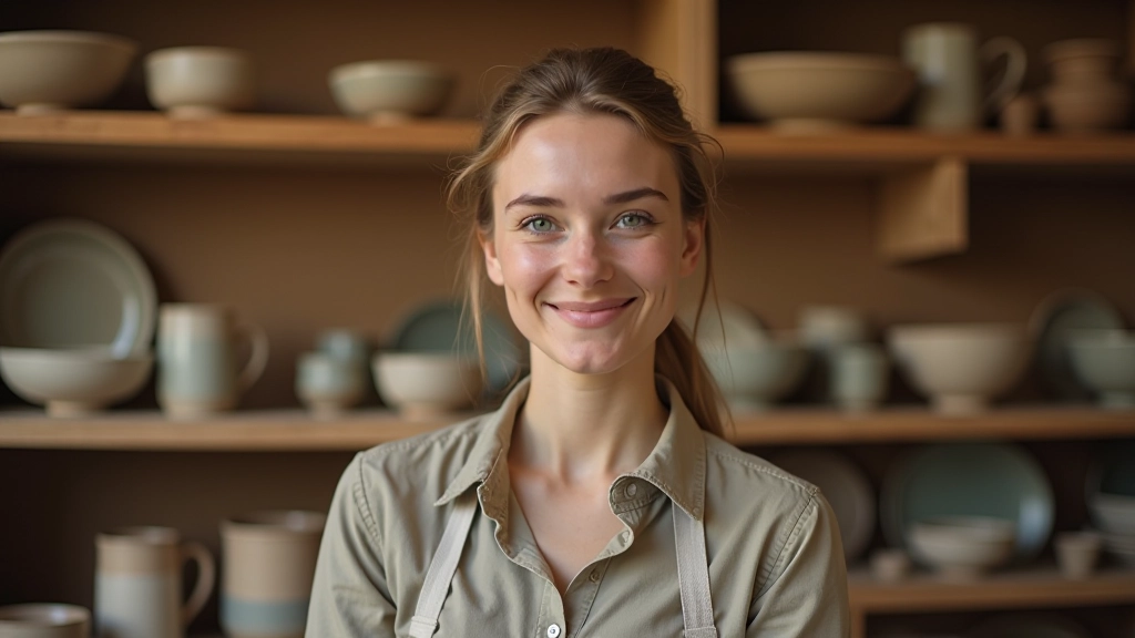 Display of finished ceramic bowls, mugs, and plates in various glazes and styles