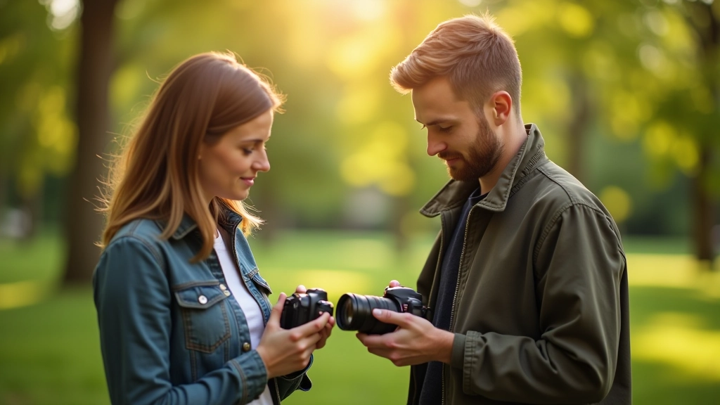 Photography club members reviewing images together outdoors with camera equipment