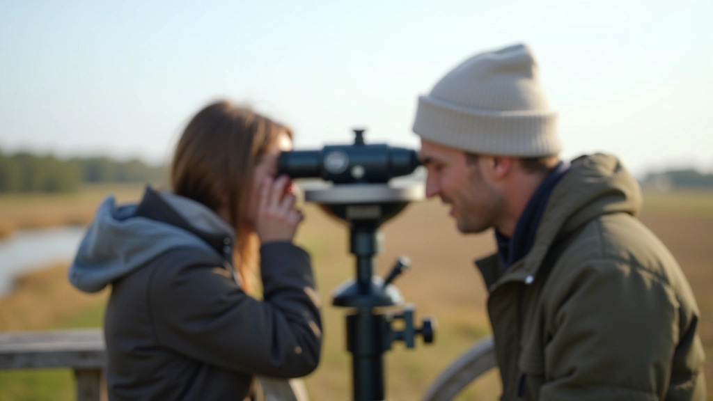 Two people looking through telescope at nature reserve observation point
