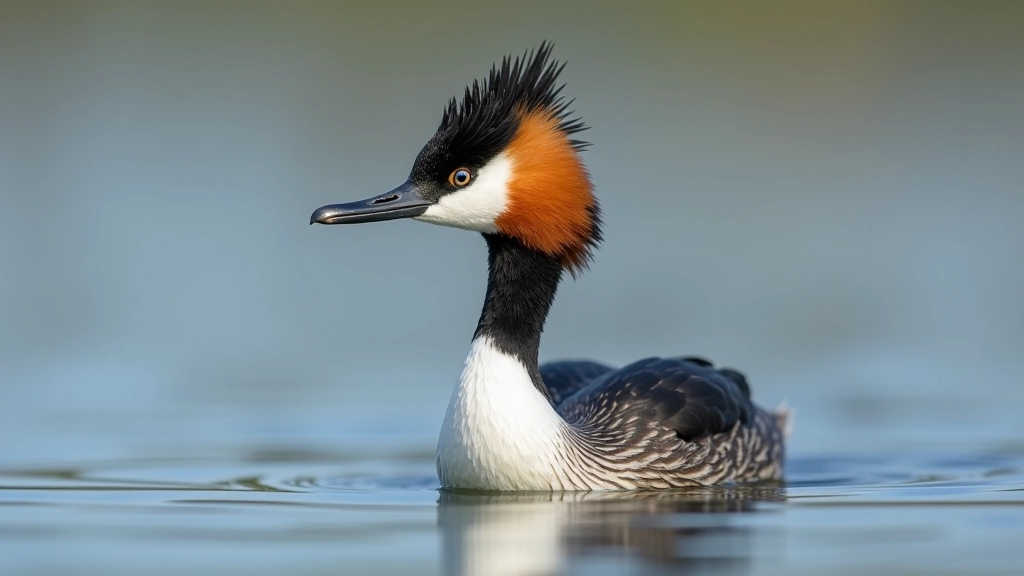 Great crested grebe displaying on water with distinctive head plumage