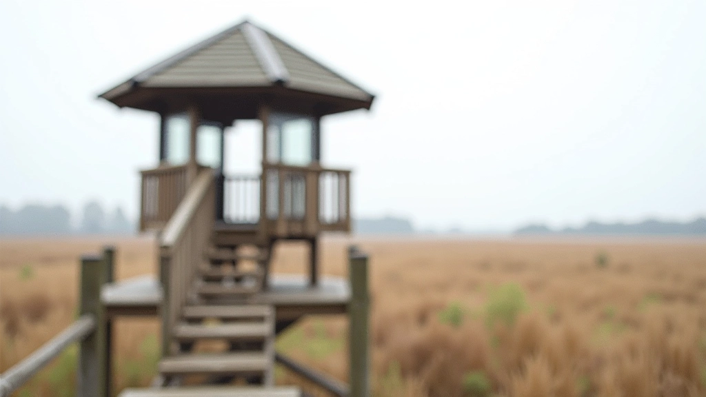 Wooden observation tower at nature reserve with viewing platform overlooking wetland landscape