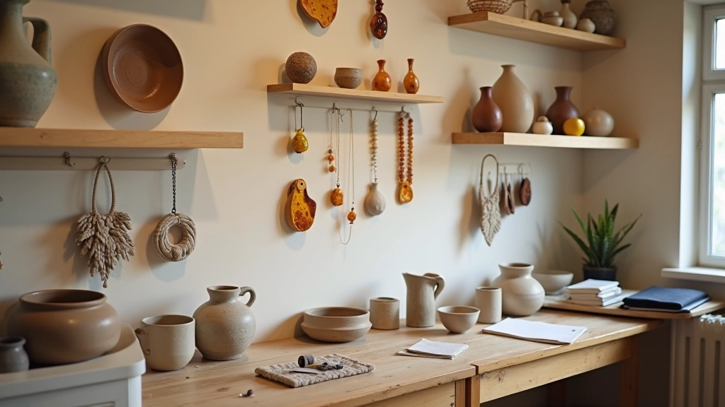 Gallery wall displaying various ceramic pieces and amber jewelry from workshop participants, ranging from beginner to advanced